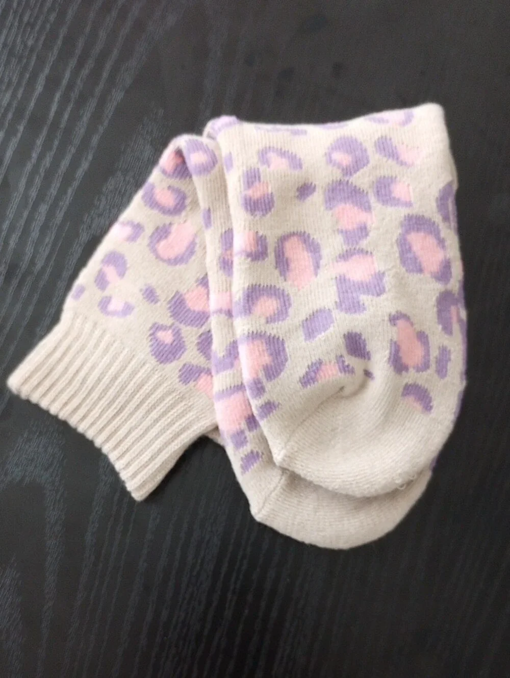 Cream Leopard Print Crew Socks with Pink & Lavender Accents